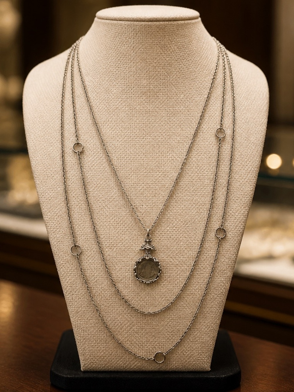 Vintage Goldette Silver Layered Chain Necklace with Smoke Glass Pendant